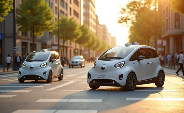 Eine sonnendurchflutete Straßenszene in einer modernen Stadt mit mehreren eleganten, futuristischen Robotaxis, die ruhig an einer Kreuzung stehen, während Passanten mit entspanntem Lächeln vorbeigehen und die warme Nachmittagssonne sanft die glänzenden Fahrzeugoberflächen und das urbane Umfeld in ein freundliches, lebendiges Licht taucht.