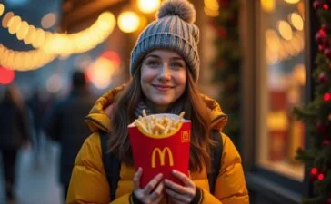 Ein strahlend helles, natürlich beleuchtetes Porträt einer nachdenklichen jungen Frau in urbaner Weihnachtskulisse, die mit warmem Lächeln einen McDonald’s-Essensbeutel in den Händen hält, während sanftes Tageslicht menschliche Nähe und die subtilen Spannungen zwischen Technik und Authentizität einfängt.