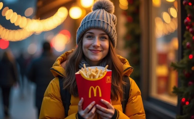 Ein strahlend helles, natürlich beleuchtetes Porträt einer nachdenklichen jungen Frau in urbaner Weihnachtskulisse, die mit warmem Lächeln einen McDonald’s-Essensbeutel in den Händen hält, während sanftes Tageslicht menschliche Nähe und die subtilen Spannungen zwischen Technik und Authentizität einfängt.