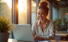 Ein warm beleuchtetes, modernes Büro mit konzentrierter, lächelnder Person vor Laptop, umgeben von subtilen Anspielungen auf KI-Technologie und Dialoge, eingefangen in einem natürlichen, freundlichen Tageslicht, das einladend und vertrauensvoll wirkt.