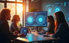 Ein strahlend helles, natürlich beleuchtetes Büro mit einem Team unterschiedlicher Fachleute in angeregter Diskussion vor modernen Bildschirmen, die komplexe KI-Daten und Algorithmen zeigen, eingefangen in einer warmen, einladenden Atmosphäre voller moderner Hightech-Elemente und dynamischer Zusammenarbeit.