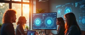 Ein strahlend helles, natürlich beleuchtetes Büro mit einem Team unterschiedlicher Fachleute in angeregter Diskussion vor modernen Bildschirmen, die komplexe KI-Daten und Algorithmen zeigen, eingefangen in einer warmen, einladenden Atmosphäre voller moderner Hightech-Elemente und dynamischer Zusammenarbeit.