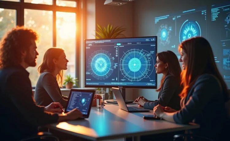 Ein strahlend helles, natürlich beleuchtetes Büro mit einem Team unterschiedlicher Fachleute in angeregter Diskussion vor modernen Bildschirmen, die komplexe KI-Daten und Algorithmen zeigen, eingefangen in einer warmen, einladenden Atmosphäre voller moderner Hightech-Elemente und dynamischer Zusammenarbeit.