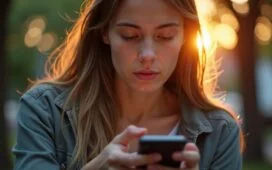 Ein warm beleuchtetes, realistisch aufgenommenes Porträt einer jungen Person, die mit sorgenvoller, nachdenklicher Miene ihr Smartphone in der Hand hält, während natürliches Tageslicht sanft ihr Gesicht umspielt und die immense Bedeutung digitaler Sicherheit spürbar wird.