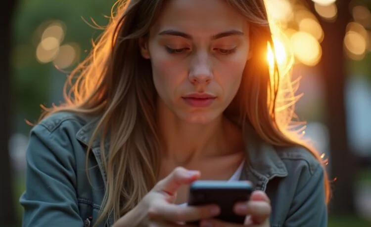 Ein warm beleuchtetes, realistisch aufgenommenes Porträt einer jungen Person, die mit sorgenvoller, nachdenklicher Miene ihr Smartphone in der Hand hält, während natürliches Tageslicht sanft ihr Gesicht umspielt und die immense Bedeutung digitaler Sicherheit spürbar wird.