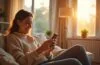 Eine freundliche junge Frau sitzt entspannt in einem hellen, modern eingerichteten Wohnzimmer und hält ihr Smartphone in der Hand, während warmes Tageslicht durch große Fenster fällt und eine Atmosphäre von digitaler Selbstbestimmung und Ruhe vermittelt.