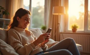 Eine freundliche junge Frau sitzt entspannt in einem hellen, modern eingerichteten Wohnzimmer und hält ihr Smartphone in der Hand, während warmes Tageslicht durch große Fenster fällt und eine Atmosphäre von digitaler Selbstbestimmung und Ruhe vermittelt.