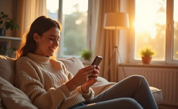 Eine freundliche junge Frau sitzt entspannt in einem hellen, modern eingerichteten Wohnzimmer und hält ihr Smartphone in der Hand, während warmes Tageslicht durch große Fenster fällt und eine Atmosphäre von digitaler Selbstbestimmung und Ruhe vermittelt.
