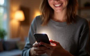 Ein strahlend beleuchtetes Smartphone in der Hand einer Person, die lächelnd mit einer lebhaften Chat-App interagiert, umgeben von warmem Tageslicht und einer modernen, einladenden Wohnumgebung, die die faszinierende Verschmelzung von menschlicher Kommunikation und smarter KI-Technologie eindrucksvoll vermittelt.