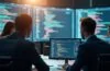 Ein dynamisches, natürlich helles Bild einer modernen Entwickler- oder Konferenzsituation mit konzentrierten Fachleuten vor großen Bildschirmen, die KI-Codes und Datenvisualisierungen anzeigen, umgeben von sanftem Tageslicht, das eine Atmosphäre von Innovation, Verantwortung und zukunftsweisender Technologie erzeugt.