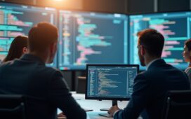 Ein dynamisches, natürlich helles Bild einer modernen Entwickler- oder Konferenzsituation mit konzentrierten Fachleuten vor großen Bildschirmen, die KI-Codes und Datenvisualisierungen anzeigen, umgeben von sanftem Tageslicht, das eine Atmosphäre von Innovation, Verantwortung und zukunftsweisender Technologie erzeugt.