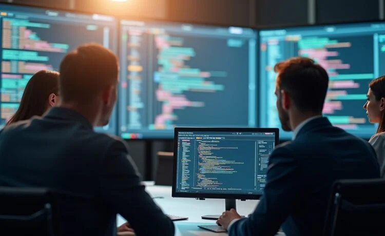 Ein dynamisches, natürlich helles Bild einer modernen Entwickler- oder Konferenzsituation mit konzentrierten Fachleuten vor großen Bildschirmen, die KI-Codes und Datenvisualisierungen anzeigen, umgeben von sanftem Tageslicht, das eine Atmosphäre von Innovation, Verantwortung und zukunftsweisender Technologie erzeugt.