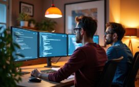 Ein lichtdurchflutetes, authentisches Entwicklerbüro mit motivierten Programmierern vor großen Bildschirmen, die konzentriert und im freundlichen Austausch an einem komplexen CMS-Update arbeiten, umgeben von modernen technischen Geräten und warmen Holzakzenten, die eine inspirierende Atmosphäre schaffen.