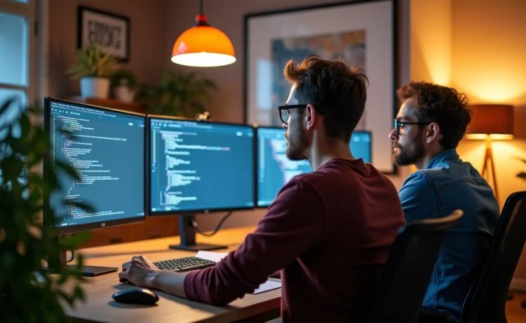 Ein lichtdurchflutetes, authentisches Entwicklerbüro mit motivierten Programmierern vor großen Bildschirmen, die konzentriert und im freundlichen Austausch an einem komplexen CMS-Update arbeiten, umgeben von modernen technischen Geräten und warmen Holzakzenten, die eine inspirierende Atmosphäre schaffen.