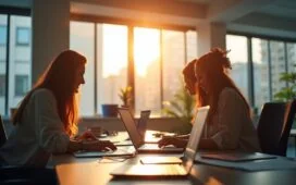 Ein lichtdurchflutetes, modernes Büro mit fokussierten Fachkräften, die in kollegialer Atmosphäre an Laptops und interaktiven Bildschirmen arbeiten, während natürliche Sonnenstrahlen warme Akzente auf zeitgemäße Technologie und kreative Teamarbeit setzen – Sinnbild für die dynamische Aufbruchsstimmung der KI-getriebenen Zukunft der Technologieinvestitionen.