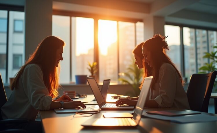Ein lichtdurchflutetes, modernes Büro mit fokussierten Fachkräften, die in kollegialer Atmosphäre an Laptops und interaktiven Bildschirmen arbeiten, während natürliche Sonnenstrahlen warme Akzente auf zeitgemäße Technologie und kreative Teamarbeit setzen – Sinnbild für die dynamische Aufbruchsstimmung der KI-getriebenen Zukunft der Technologieinvestitionen.