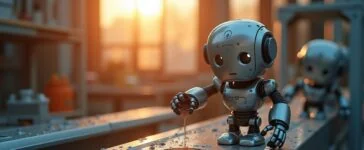 In einem sonnendurchfluteten Labor fängt eine Nahaufnahme filigraner Mikroroboter in Bewegung die harmonische Verbindung von intelligenter Technik und menschlicher Innovation ein, während warmes Tageslicht sanft auf glänzende metallische Oberflächen fällt und die Faszination für winzige Meisterakrobaten lebendig werden lässt.