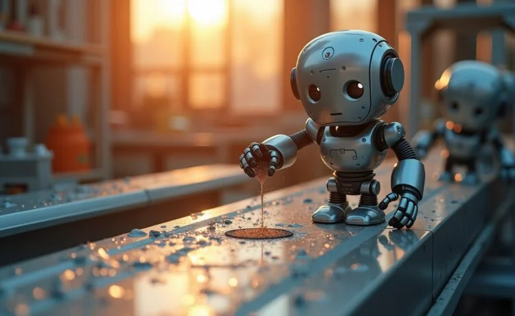 In einem sonnendurchfluteten Labor fängt eine Nahaufnahme filigraner Mikroroboter in Bewegung die harmonische Verbindung von intelligenter Technik und menschlicher Innovation ein, während warmes Tageslicht sanft auf glänzende metallische Oberflächen fällt und die Faszination für winzige Meisterakrobaten lebendig werden lässt.