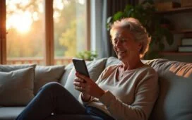 Eine helle, einladende Szene in einem modernen Wohnzimmer mit einer entspannt lächelnden älteren Frau, die selbstbewusst ihr Smartphone hält und achtsam ein Gespräch führt, während warmes Tageslicht sanft durch große Fenster fällt und für eine freundliche, vertrauensvolle Atmosphäre sorgt.