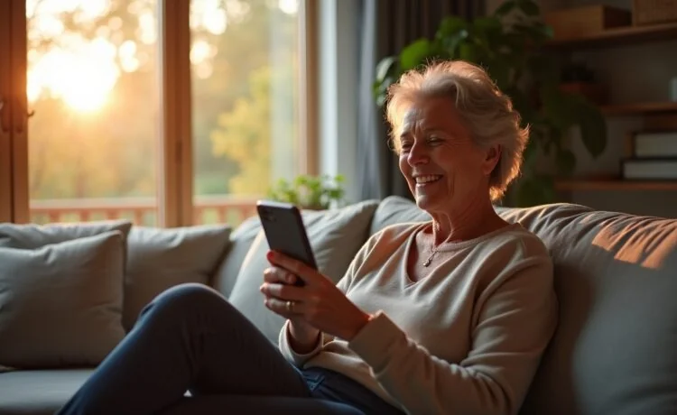 Eine helle, einladende Szene in einem modernen Wohnzimmer mit einer entspannt lächelnden älteren Frau, die selbstbewusst ihr Smartphone hält und achtsam ein Gespräch führt, während warmes Tageslicht sanft durch große Fenster fällt und für eine freundliche, vertrauensvolle Atmosphäre sorgt.