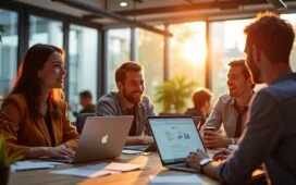 Ein hell erleuchtetes, modernes Büroambiente in einem Berliner Tech-Hub, in dem ein dynamisches Team aus Webentwicklern und Beratern konzentriert an digitalen Systemen arbeitet, um mit offenen Laptops und lebendigen Gesprächen die nahtlose Verbindung von Kundengewinnung und Prozessoptimierung zu gestalten – eingefangen in warmem Tageslicht mit realistischen Details, die Kreativität und strategische Zusammenarbeit authentisch einfangen.