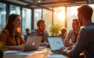 Ein hell erleuchtetes, modernes Büroambiente in einem Berliner Tech-Hub, in dem ein dynamisches Team aus Webentwicklern und Beratern konzentriert an digitalen Systemen arbeitet, um mit offenen Laptops und lebendigen Gesprächen die nahtlose Verbindung von Kundengewinnung und Prozessoptimierung zu gestalten – eingefangen in warmem Tageslicht mit realistischen Details, die Kreativität und strategische Zusammenarbeit authentisch einfangen.