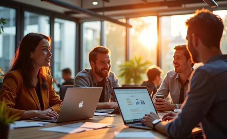 Ein hell erleuchtetes, modernes Büroambiente in einem Berliner Tech-Hub, in dem ein dynamisches Team aus Webentwicklern und Beratern konzentriert an digitalen Systemen arbeitet, um mit offenen Laptops und lebendigen Gesprächen die nahtlose Verbindung von Kundengewinnung und Prozessoptimierung zu gestalten – eingefangen in warmem Tageslicht mit realistischen Details, die Kreativität und strategische Zusammenarbeit authentisch einfangen.