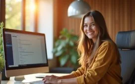 Ein modernes, lichtdurchflutetes Büro mit einem lächelnden Nutzer vor einem eleganten Windows-11-PC, umgeben von warmen Holztönen und sanfter Tageslichtstimmung, die fortschrittliche KI-Technologie und Vertrauen in die digitale Zukunft ausstrahlt.