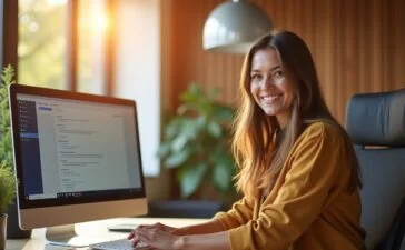 Ein modernes, lichtdurchflutetes Büro mit einem lächelnden Nutzer vor einem eleganten Windows-11-PC, umgeben von warmen Holztönen und sanfter Tageslichtstimmung, die fortschrittliche KI-Technologie und Vertrauen in die digitale Zukunft ausstrahlt.