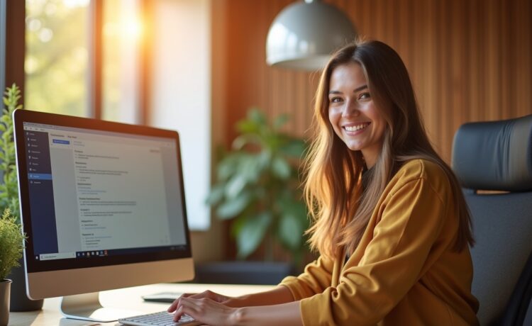 Ein modernes, lichtdurchflutetes Büro mit einem lächelnden Nutzer vor einem eleganten Windows-11-PC, umgeben von warmen Holztönen und sanfter Tageslichtstimmung, die fortschrittliche KI-Technologie und Vertrauen in die digitale Zukunft ausstrahlt.