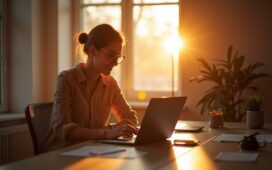 Ein warm beleuchteter, moderner Arbeitsplatz zeigt eine nachdenkliche Person am Laptop, umgeben von sanft strahlendem Tageslicht und typischer Büroumgebung – ein einladendes Bild, das den Alltag und die Zwiespältigkeit beim Umstieg von Windows 10 zu Windows 11 authentisch einfängt.