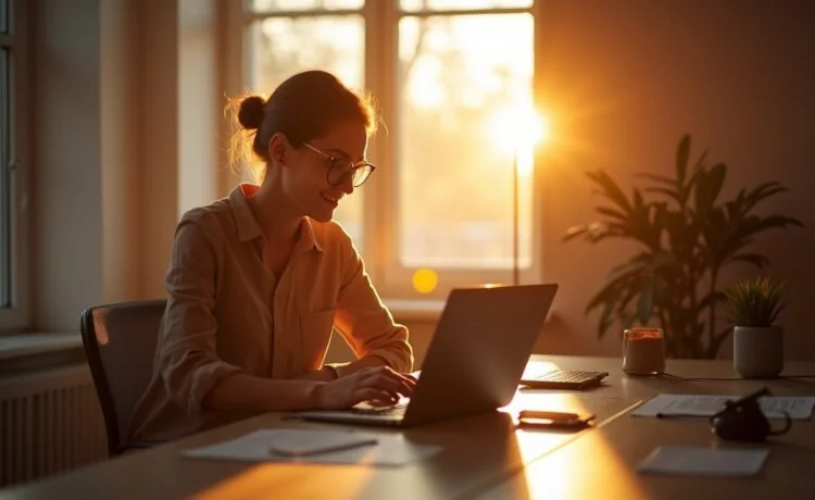 Ein warm beleuchteter, moderner Arbeitsplatz zeigt eine nachdenkliche Person am Laptop, umgeben von sanft strahlendem Tageslicht und typischer Büroumgebung – ein einladendes Bild, das den Alltag und die Zwiespältigkeit beim Umstieg von Windows 10 zu Windows 11 authentisch einfängt.