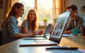 Ein einladend hell ausgeleuchteter Arbeitsplatz mit einem modernen Laptop, auf dessen Bildschirm ein aufgeräumtes, blockbasiertes Website-Layout zu sehen ist, während freundlich lächelnde Entwickler*innen in entspannter Teamatmosphäre mit warmem Tageslicht im Hintergrund gemeinsam an kreativen Webprojekten arbeiten.