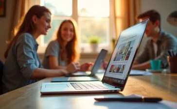 Ein einladend hell ausgeleuchteter Arbeitsplatz mit einem modernen Laptop, auf dessen Bildschirm ein aufgeräumtes, blockbasiertes Website-Layout zu sehen ist, während freundlich lächelnde Entwickler*innen in entspannter Teamatmosphäre mit warmem Tageslicht im Hintergrund gemeinsam an kreativen Webprojekten arbeiten.