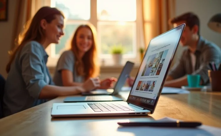 Ein einladend hell ausgeleuchteter Arbeitsplatz mit einem modernen Laptop, auf dessen Bildschirm ein aufgeräumtes, blockbasiertes Website-Layout zu sehen ist, während freundlich lächelnde Entwickler*innen in entspannter Teamatmosphäre mit warmem Tageslicht im Hintergrund gemeinsam an kreativen Webprojekten arbeiten.