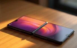 Ein in warmes Tageslicht getauchtes, detailreiches Close-up eines geöffneten Xiaomi Mix Trifold Smartphones auf einem hellen Holztisch, das seine lebendig leuchtenden faltbaren OLED-Displays zeigt und mit weicher Schärfe eine einladende, innovative Arbeitsatmosphäre vermittelt.
