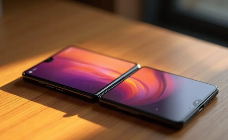 Ein in warmes Tageslicht getauchtes, detailreiches Close-up eines geöffneten Xiaomi Mix Trifold Smartphones auf einem hellen Holztisch, das seine lebendig leuchtenden faltbaren OLED-Displays zeigt und mit weicher Schärfe eine einladende, innovative Arbeitsatmosphäre vermittelt.