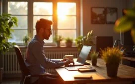 Ein sonnendurchflutetes Büro mit einem konzentrierten Content-Creator am Laptop, umgeben von modernem Audio-Equipment und hellen Pflanzen, während warme Lichtstrahlen eine einladende, fortschrittliche Arbeitsatmosphäre voller kreativer Spannung und digitaler Innovation schaffen.