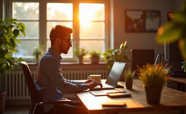 Ein sonnendurchflutetes Büro mit einem konzentrierten Content-Creator am Laptop, umgeben von modernem Audio-Equipment und hellen Pflanzen, während warme Lichtstrahlen eine einladende, fortschrittliche Arbeitsatmosphäre voller kreativer Spannung und digitaler Innovation schaffen.