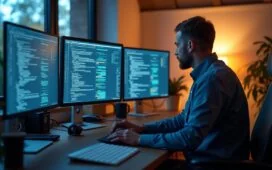 Ein hell erleuchtetes modernes IT-Büro mit konzentrierten Administratoren vor mehreren Bildschirmen, die in natürlichem Tageslicht an der zentralen Steuerung von Linux-Servern mit ISPConfig arbeiten, strahlen dabei eine freundliche, professionelle und einladende Atmosphäre aus.