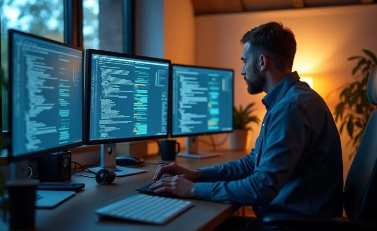 Ein hell erleuchtetes modernes IT-Büro mit konzentrierten Administratoren vor mehreren Bildschirmen, die in natürlichem Tageslicht an der zentralen Steuerung von Linux-Servern mit ISPConfig arbeiten, strahlen dabei eine freundliche, professionelle und einladende Atmosphäre aus.