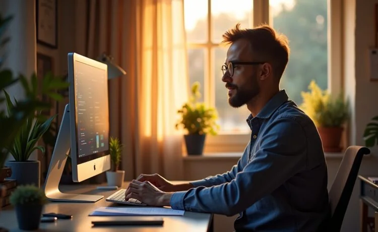 Ein lichtdurchflutetes, modern eingerichtetes Home-Office mit einem konzentriert arbeitenden IT-Experten vor einem hellen Bildschirm, umgeben von Technik und Notizen, das durch warmes Tageslicht eine Atmosphäre von Vertrauen und entschlossener Sicherheit ausstrahlt.