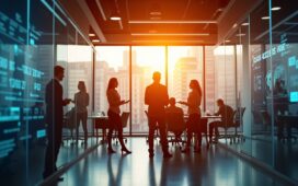 Ein warm beleuchteter, moderner Büroraum mit natürlich einfallendem Tageslicht, in dem ein dynamisches Team aus unterschiedlichen Fachleuten konzentriert an hybriden ERP-Systemen auf transparenten Bildschirmen arbeitet und dabei mit offener Kommunikation und innovativer Technik die Zukunft digitaler Geschäftsprozesse gestaltet.