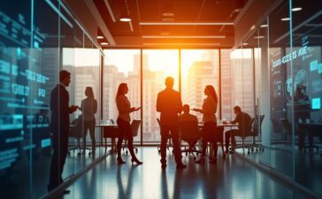 Ein warm beleuchteter, moderner Büroraum mit natürlich einfallendem Tageslicht, in dem ein dynamisches Team aus unterschiedlichen Fachleuten konzentriert an hybriden ERP-Systemen auf transparenten Bildschirmen arbeitet und dabei mit offener Kommunikation und innovativer Technik die Zukunft digitaler Geschäftsprozesse gestaltet.