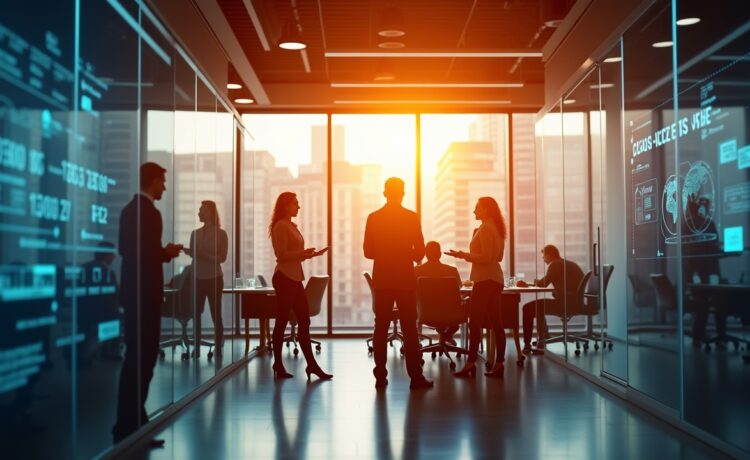 Ein warm beleuchteter, moderner Büroraum mit natürlich einfallendem Tageslicht, in dem ein dynamisches Team aus unterschiedlichen Fachleuten konzentriert an hybriden ERP-Systemen auf transparenten Bildschirmen arbeitet und dabei mit offener Kommunikation und innovativer Technik die Zukunft digitaler Geschäftsprozesse gestaltet.