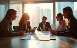 Eine helle, modern gestaltete Büroumgebung, in der ein diverses Team konzentriert und freundlich um einen großen Tisch sitzt, Pläne und digitale Tablets mit Zukunftskonzepten austauschend, von warmem Tageslicht durchflutet und mit klarer, realistischer Bildwirkung wie aus einem hochwertigen Management-Magazin.