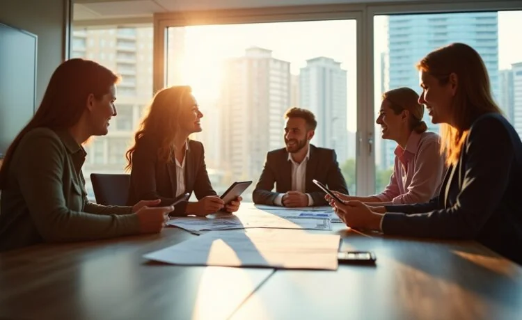 Eine helle, modern gestaltete Büroumgebung, in der ein diverses Team konzentriert und freundlich um einen großen Tisch sitzt, Pläne und digitale Tablets mit Zukunftskonzepten austauschend, von warmem Tageslicht durchflutet und mit klarer, realistischer Bildwirkung wie aus einem hochwertigen Management-Magazin.