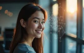 Eine helle, warm beleuchtete Nahaufnahme einer nachdenklichen Person in modernem, klar strukturiertem Büroambiente, umgeben von subtilen technischen Elementen wie transparenten Hologramm-Diagrammen und einem leichten Schimmer neuronaler Netzwerke, die die Verbindung zwischen menschlichem Bewusstsein und digitaler Neurotechnologie subtil visualisieren, mit natürlichem Tageslicht, das eine freundliche, hoffnungsvolle Atmosphäre schafft.