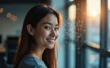 Eine helle, warm beleuchtete Nahaufnahme einer nachdenklichen Person in modernem, klar strukturiertem Büroambiente, umgeben von subtilen technischen Elementen wie transparenten Hologramm-Diagrammen und einem leichten Schimmer neuronaler Netzwerke, die die Verbindung zwischen menschlichem Bewusstsein und digitaler Neurotechnologie subtil visualisieren, mit natürlichem Tageslicht, das eine freundliche, hoffnungsvolle Atmosphäre schafft.