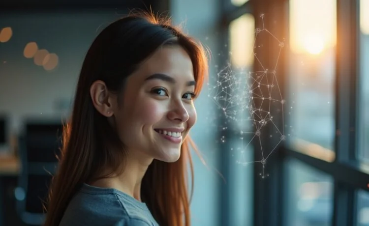 Eine helle, warm beleuchtete Nahaufnahme einer nachdenklichen Person in modernem, klar strukturiertem Büroambiente, umgeben von subtilen technischen Elementen wie transparenten Hologramm-Diagrammen und einem leichten Schimmer neuronaler Netzwerke, die die Verbindung zwischen menschlichem Bewusstsein und digitaler Neurotechnologie subtil visualisieren, mit natürlichem Tageslicht, das eine freundliche, hoffnungsvolle Atmosphäre schafft.